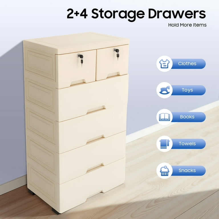 Peakora Beige Color Storage Cabinet with 6 Drawers Closet Drawers