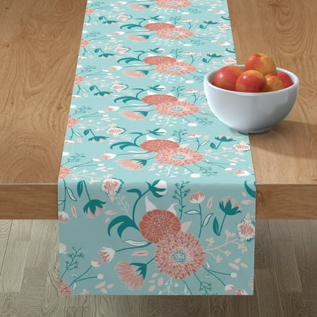 

Cotton Sateen Table Runner 90 - Flower Bouquet Floral Botanical Boho Chic Garden Spring Nursery Gardens English Turquoise Print Custom Table Linens by Spoonflower