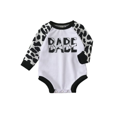 

Infant Romper Letter Print Cow Spot Pattern Long Sleeve Round Neck Jumpsuit Spring Autumn Casual Clothes