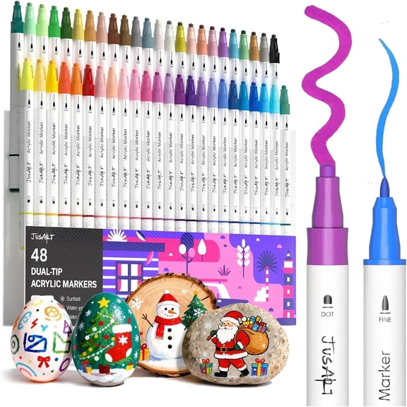 JusArt 48 Colors Acrylic Paint Markers, Dual Tip Coloring Markers with Dot and Fine Tip for Rock, Fabric, Wood, Glass, Ceramic, Canvas, Vibrant Art Supplies and DIY Crafts Art Supplies
