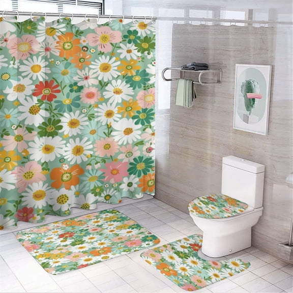 Floral Colorful Flower 4Pcs Shower Curtain Set Shower Curtain Set with Carpet Bath Mat