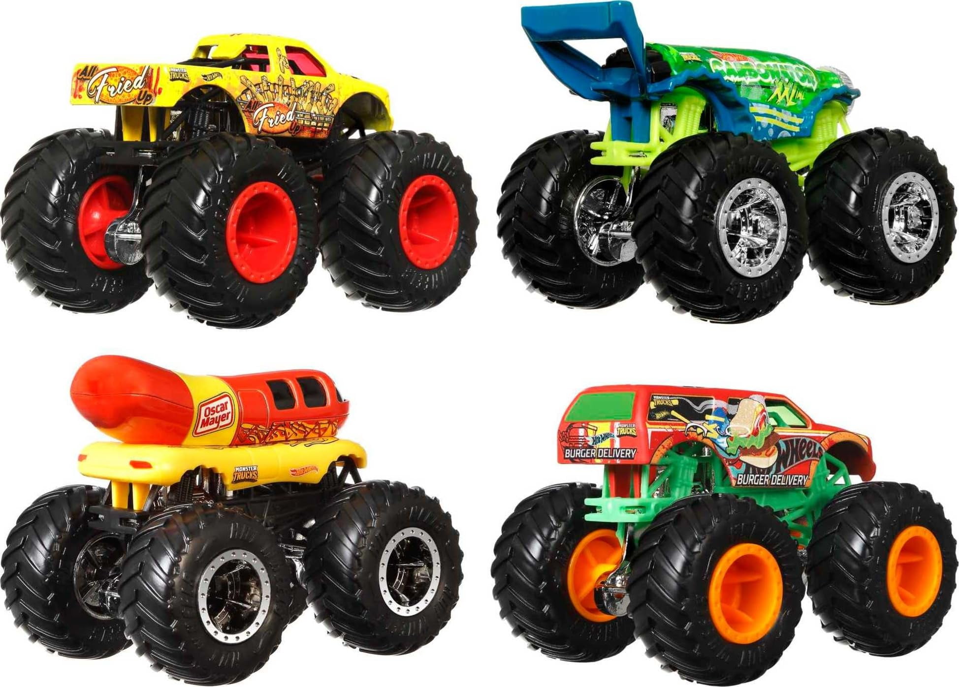 Hot Wheels Monster Trucks Set of 4, 1:64 Scale 4-Pack of Toy Trucks, Collectible Vehicles (Styles May Vary)
