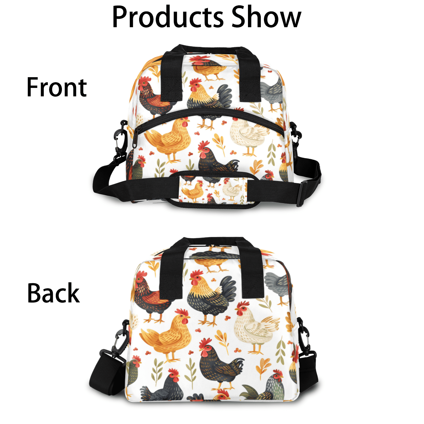 Herdesigns Chicken Insulated Lunch Bag for Women Men Adults Large Reusable Lunch Box Cock Hens Rooster Leakproof Cooler Tote Bags with Adjustable Shoulder Strap