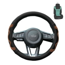 FH Group 1.6 lb. Leather Brown Steering Wheel Cover with Silicone Anti Slip Grip and Air Freshener