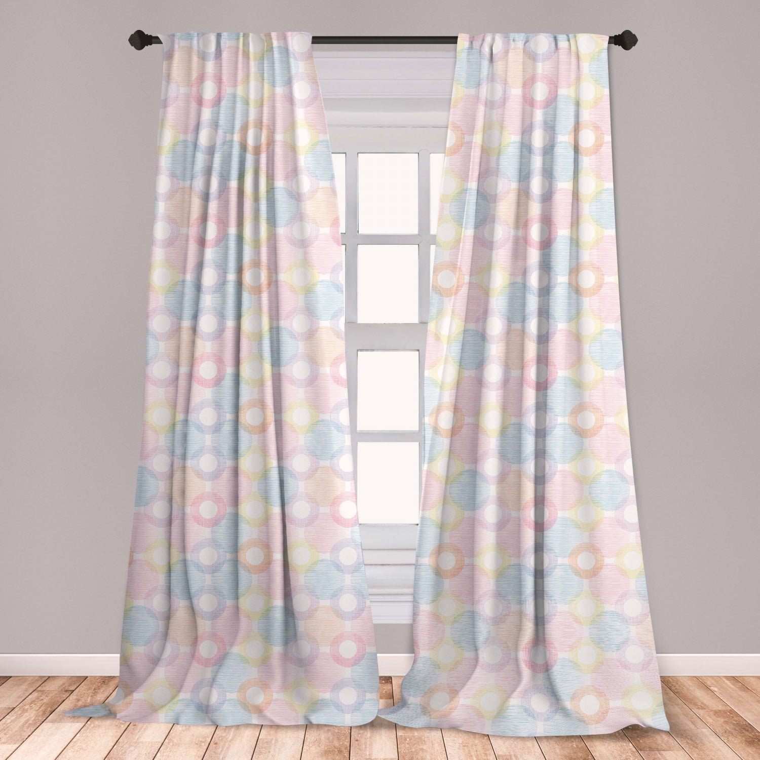 Pastel Curtains 2 Panels Set, Ring Shapes and Big Spots Dots Symmetrical Overlapping Geometric