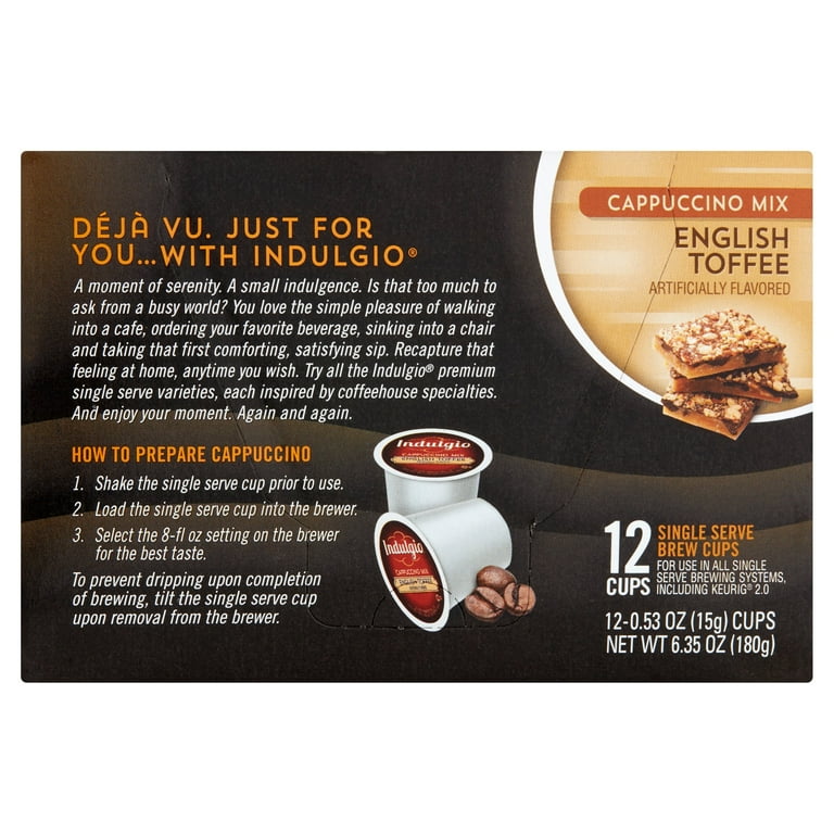 Indulgio English Toffee Cappuccino Mix Single Serve Brew Cups, 0.53 oz, 12 Ct