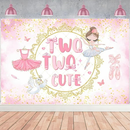 Ballerina Backdrop, Two Two Cute 2nd Birthday Decorations Backdrop Banner for Pink Ballet Dancing Girl Tutu Cute 2nd Birthday Photography Background