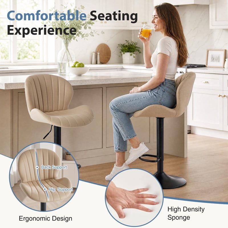 Kelno Swivel Bar Stools Set of 2 Adjustable Height Linen Seat with Backrest 360° Swivel for Kitchen Island, Beige