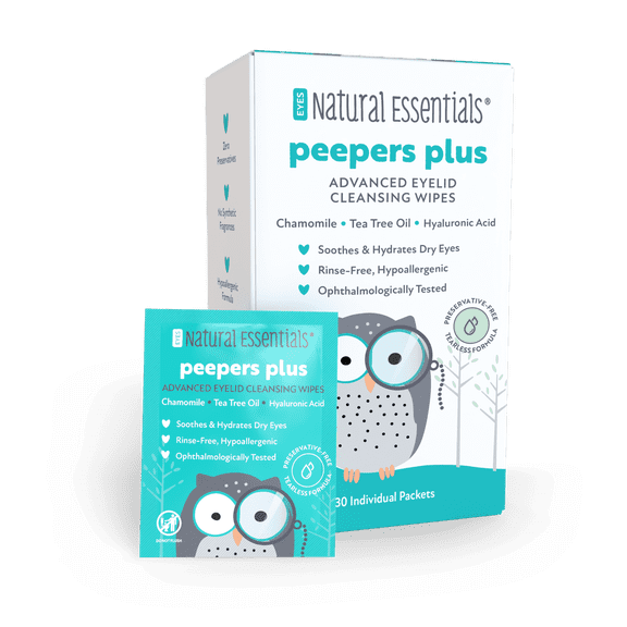 Natural Essentials Peepers Plus Advanced Eyelid and Eyelash Cleansing Wipes with Hyaluronic Acid, Chamomile and Tea Tree, 30 Count