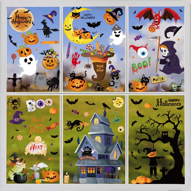 Paquete de 214 pegatinas para ventana de Halloween para decoración de ventanas de cristal, pegatinas para decoración de ventanas del hogar, suministros para fiestas en interiores y exteriores, suministros para niños (calabaza, fantasma, bruja, murciélago, caramelo, gato, castillo) Sincero Electrónica