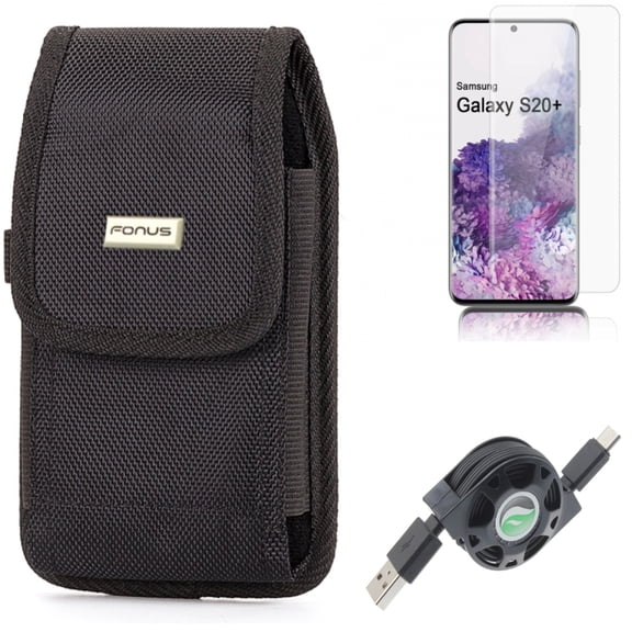 Case Belt Clip w USB Cable w Screen Protector for Samsung Galaxy S20 Plus - Rugged Holster Canvas, Retractable Type-C Charger, Tempered Glass [Fingerprint Unlock] 3D Curved Edge fits Galaxy S20 Plus