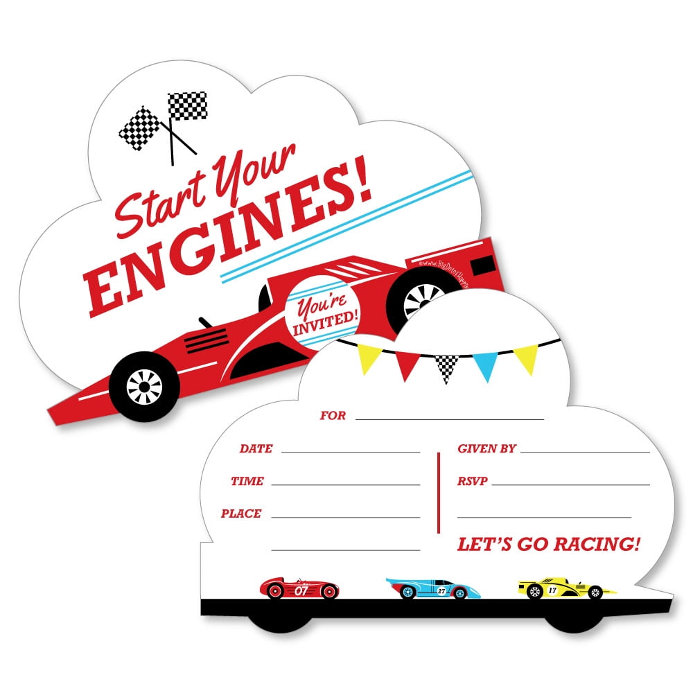 Big Dot of Happiness Let’s Go Racing - Racecar - Shaped Fill in Invitations - Race Car Birthday Party or Baby Shower Invitations 12 Ct