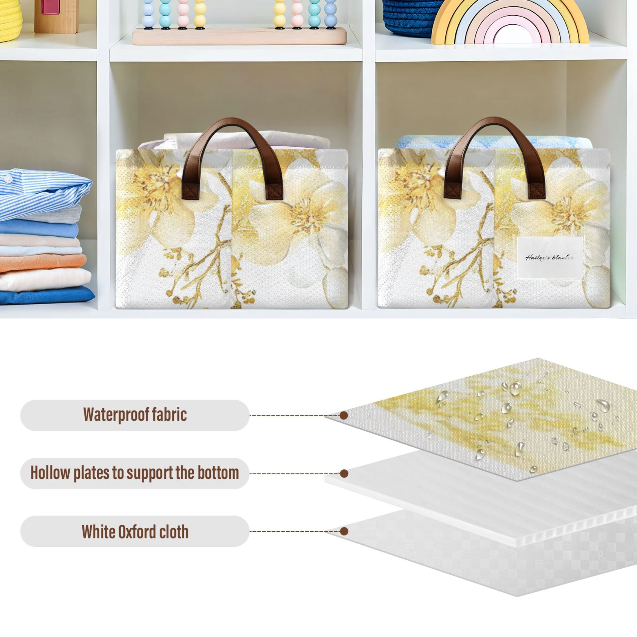 Gold Easter Eggs Flowers Storage Bins with Handles Foldable Storage Baskets for Shelves Organizer Cloth Baskets