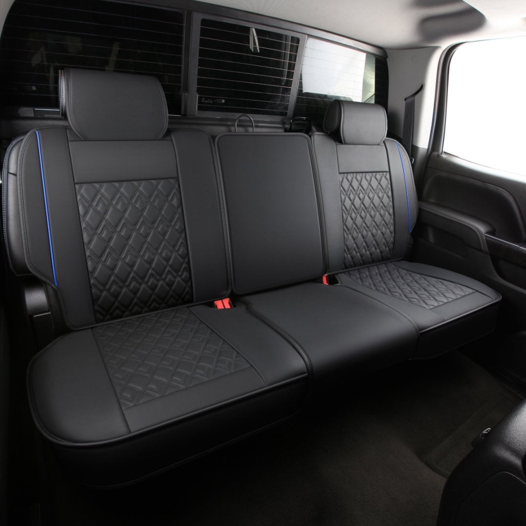 JOJOBAY Chevy Silverado Seat Covers,Leather Seat Covers for GMC Sierra,Custom Fit 2007-2024 1500 2500HD 3500HD Crew Extended Regular Cab,LT LZT(Rear Seat Covers,Black Blue)