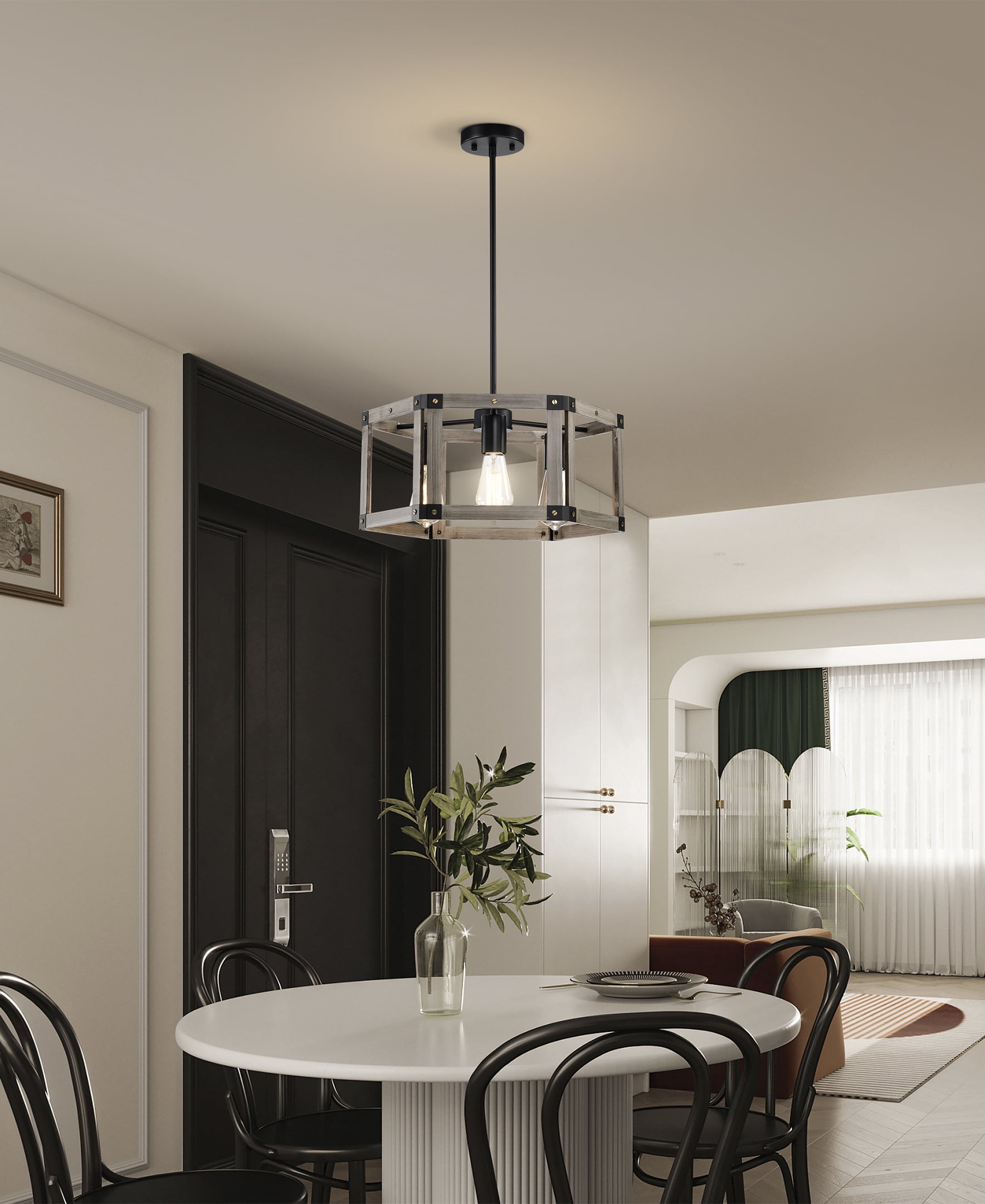 Malli 19 in. 3-Light Indoor Matte Black and Faux Wood Grain Finish Chandelier with Light Kit