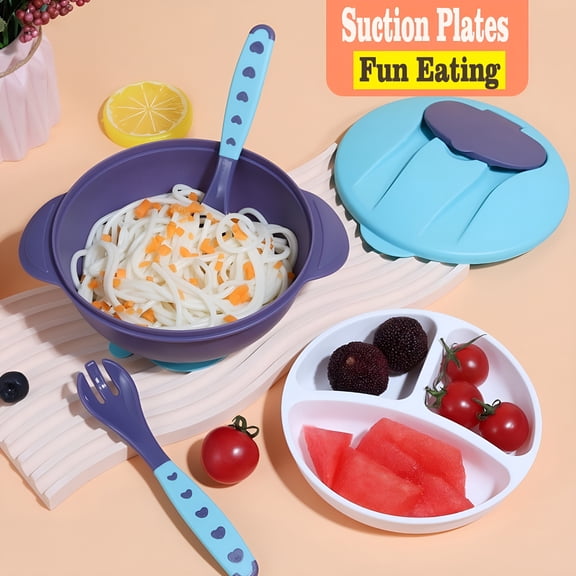 ACDANC Suction Plates for Toddlers,Silicone Plates with Suction for Baby Divided,Baby Spoon Fork Set for Toddler Baby Dishes Kids Plates Dishwasher Safe
