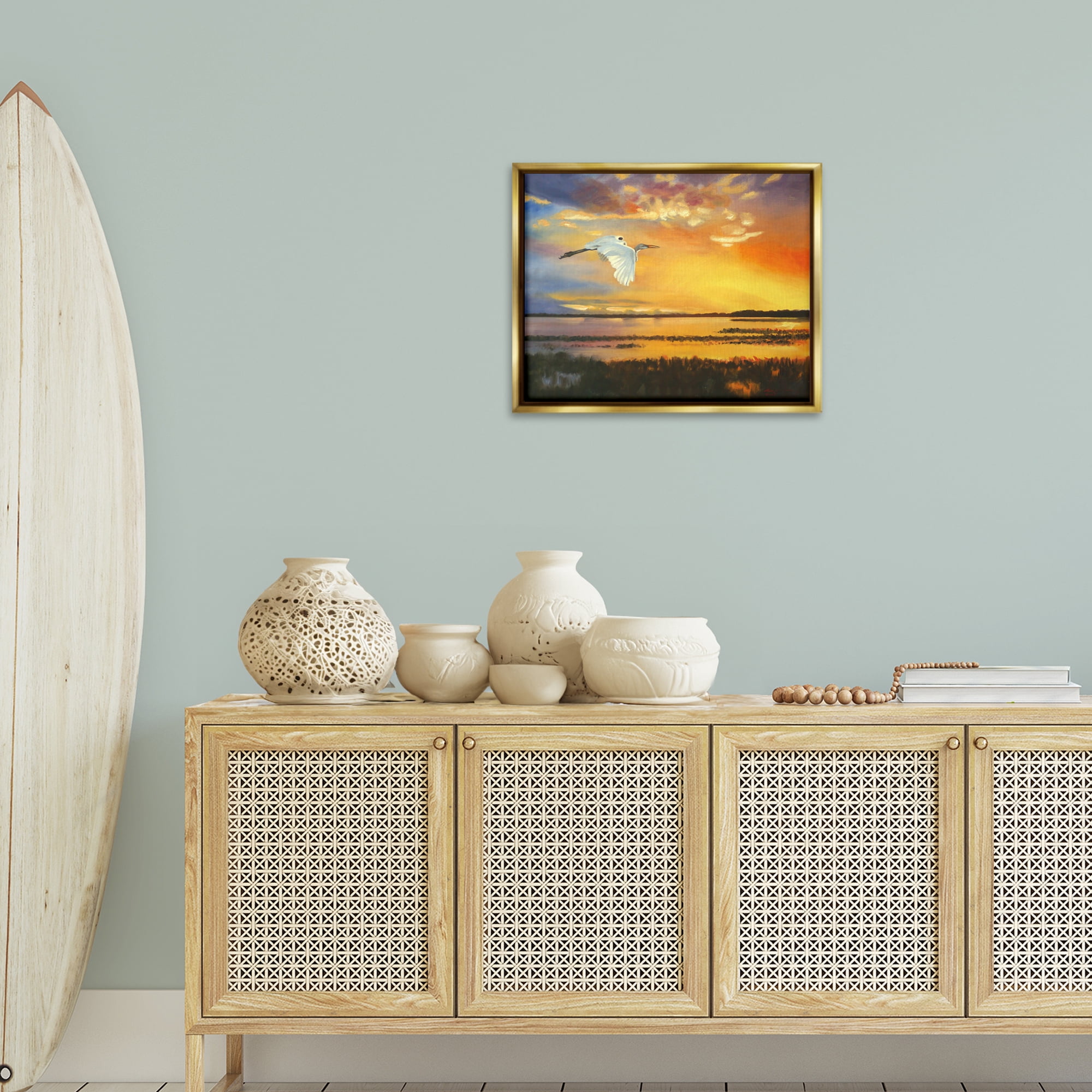 Stupell Industries Bird over Sunlit Pond Landscape Painting Gold Floater Framed Canvas Art Print Wall Art, 21 x 17