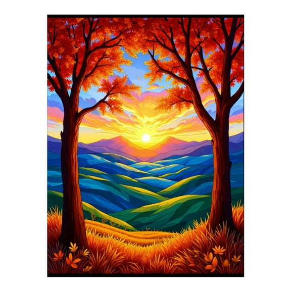 Diamond Art Kit for Adults, Autumn Sunset Over Rolling Hills Diamond Painting for Adults Beginners, DIY Diamond Art Painting Kits, 5D Diamond Painting Crafts for Home Decor 12x16 Frameless