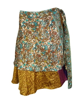 Mogul Women Blue Brown Silk 2 Layer Sari Reversible Mini Printed Wrap Skirts