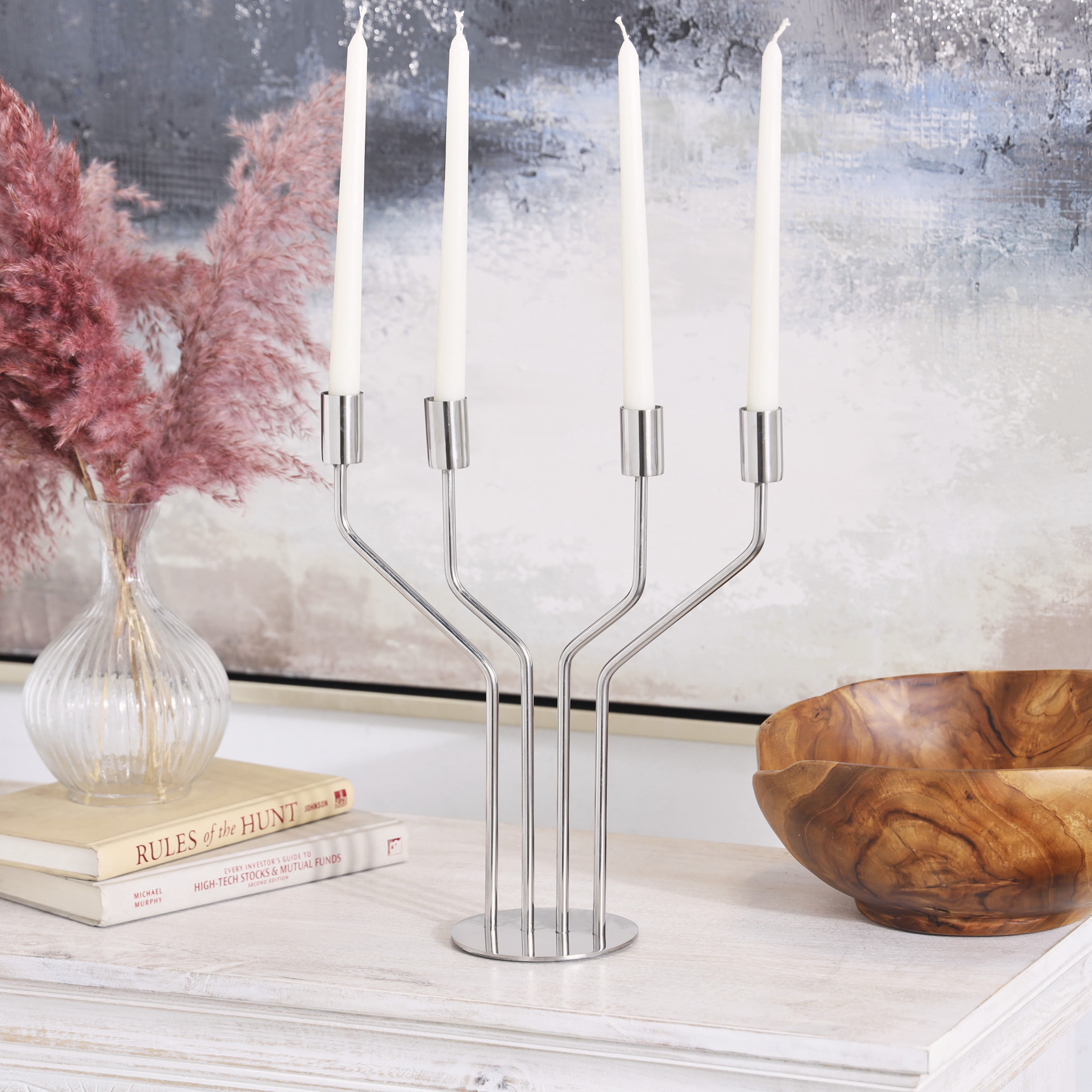 DecMode 4 Holder Silver Stainless Steel Metal Geometric Abstract Angled Candelabra with Round Base