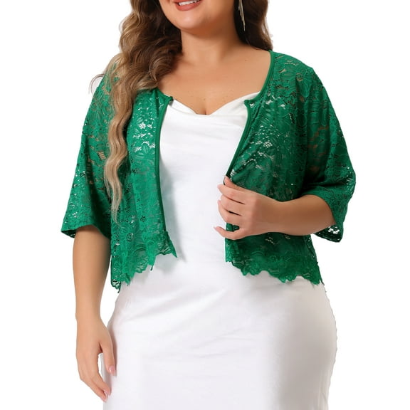 Agnes Orinda Women's Plus Size Sheer Floral Lace Open Front Shrug Elegant Cardigans 2X Green