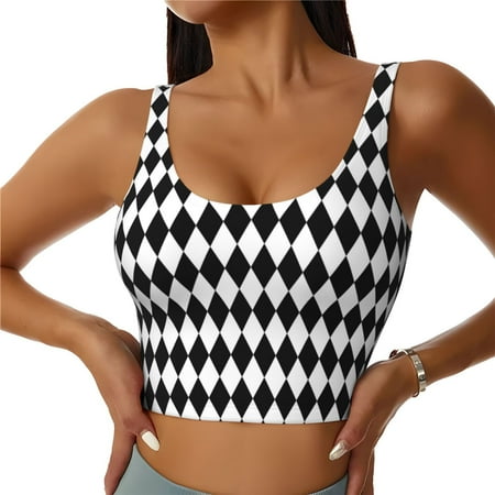 Fotbe Black And White Diamonds Pattern Womens  Sports Bra Longline Wirefree Padded with Medium Support Sports Moisture-Wicking Workou Vest Tank Top-Large