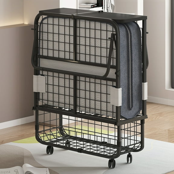 Puremind Folding Bed with 5 Inch Foam Mattress Included, 75" x 31" Rollaway Bed Twin Size with Storage, Space-Saving Temporary Bed with  Lockable Rollers for Guests and Families