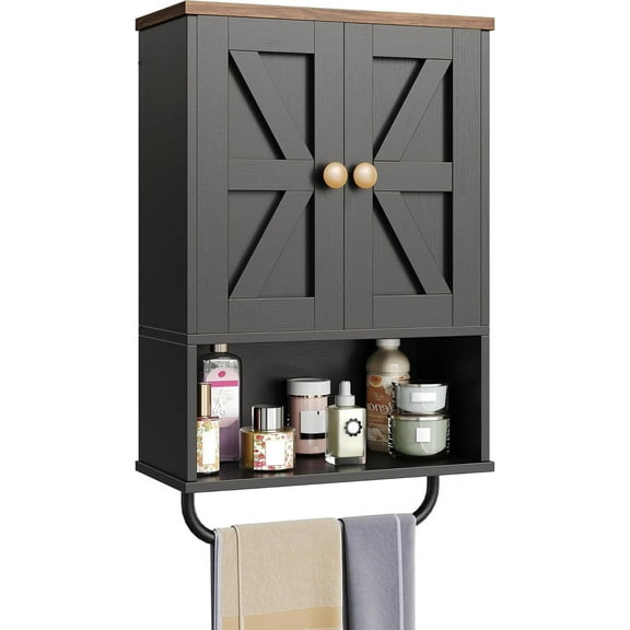 Bathroom Wall Cabinet, Medicine Cabinet with Open Partition and Towel Bar, Rustic Storage Cabinet with Open and Hidden Storage Space, for Bathroom, Living Room, Kitchen, Black and Walnut