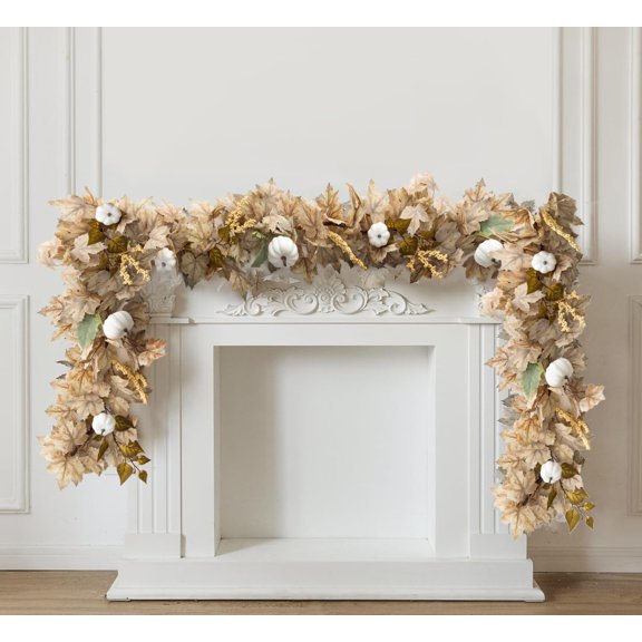 6.8ft Fall Garland Maple Leaf Autumn Thanksgiving Pumpkin Berry Garland, Christmas Halloween Mantle Fireplace Farmhouse Harvest Decorations for Home Outdoor Indoor(White)Beige maple leaf pumpkin