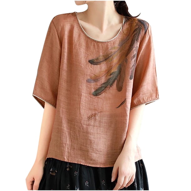 V Cuello Blusas para las Mujeres, de Moda Retro Bordado Cuello Redondo Cinco Cuartos de Manga para el Uso Casual