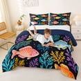 thumbnail image 3 of jejeloiu Watercolor Cartoon Fish Full Size Comforter Sets,Colorful Ocean Coral Bedding Comforter Set For Boys,Black Multicolor,Navy Blue Reversible,3-Piece,1 Comforter and 2 Pillowcases, 3 of 7