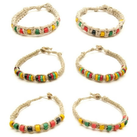 Rasta Hemp - Frogsac Rasta Beaded Hemp Braid Bracelets - Adjustable Unisex 6 Pcs Great Party Favors