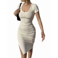 thumbnail image 2 of Women's Knit Ribbed Short Sleeve Bodycon Mini Dresses Crew Neck Slim Dress for Summer White M, 2 of 7