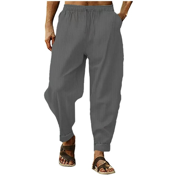 HOOMEUMY Mens Jogger Pants Fashion Solid Color Drawstring Elastic Waist Casual Capri Trousers Lightweight Baggy Pants with Pockets (Gray,L)