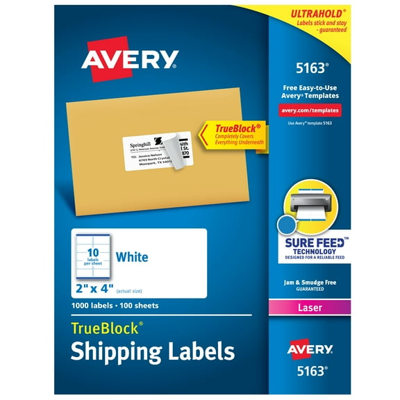 "Shipping Labels W/ Trueblock Technology, Laser Printers, 2 X 4, White, 10/sheet, 100 Sheets/box | Bundle of 5 Boxes"
