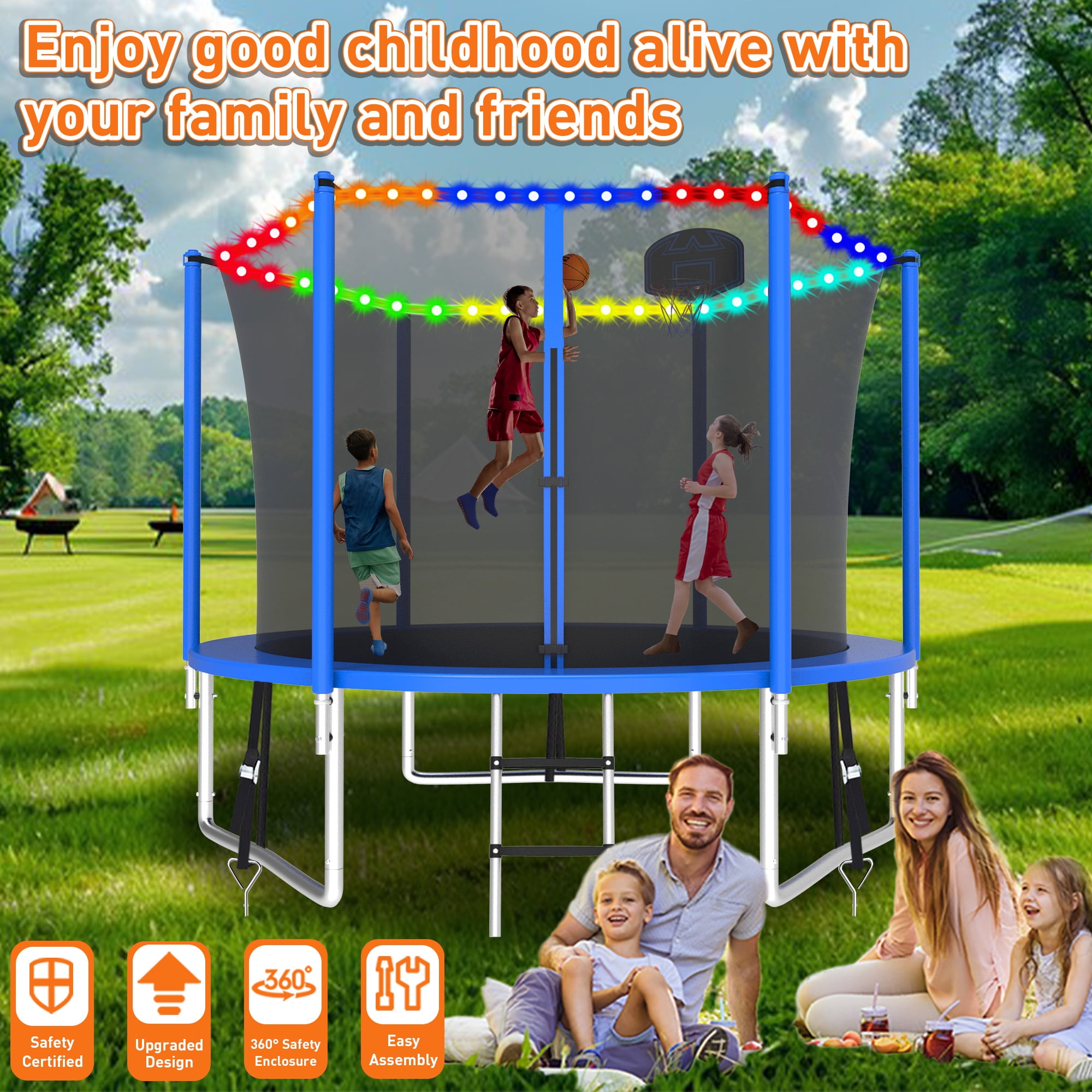 WOWLAND 10FT Trampoline for Kids and Adults 1000LBS Weight Capacity, Heavy Duty Outdoor Trampolines with Enclosure Net, Kids Trampoline with Basketball Hoop and Lights, Birthday Gift