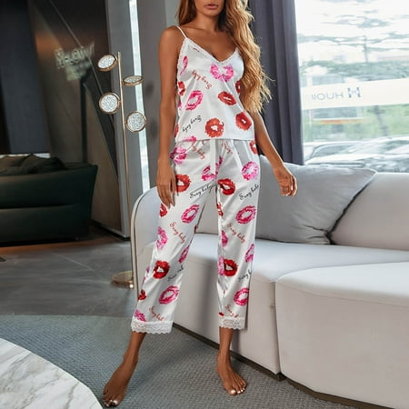 

Womens Pajamas Set Soft Lounge Sets Lace Print Sleepwear Pjs Women Pajama Sets White L