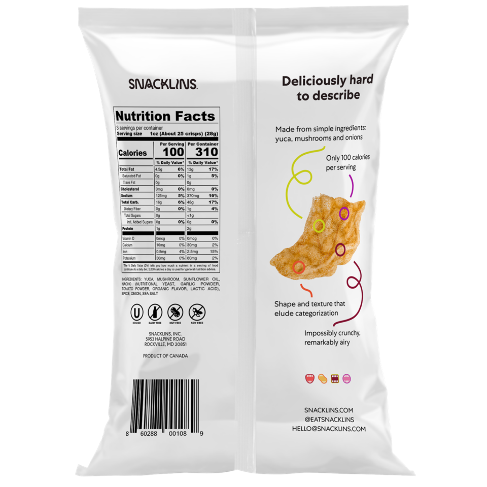 SNACKLINS Plant Based Crisps - Vegan Healthy Snacks - Gluten Free, Grain Free, Plant Based Crisps, 100% Kosher, Low Calorie - No Added Sugar, Crunchy, Puffed Snack - Nacho - 3oz (6 Pack)