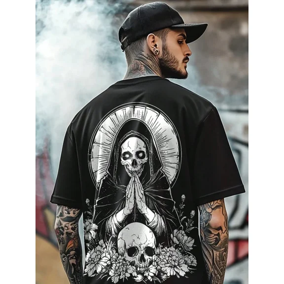 Men's Gothic Praying Skull Grim Reaper Graphic T-Shirt