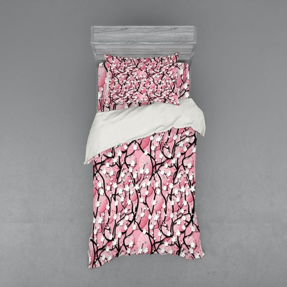 Ambesonne Pink Bedding Set 3 Pcs, Sakura Tree Umbrellas, Twin XL, Black Pink