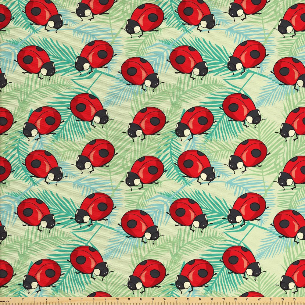 Ladybug Fabric by The Yard, Spring Bugs on Tropical Leaves Exotic and