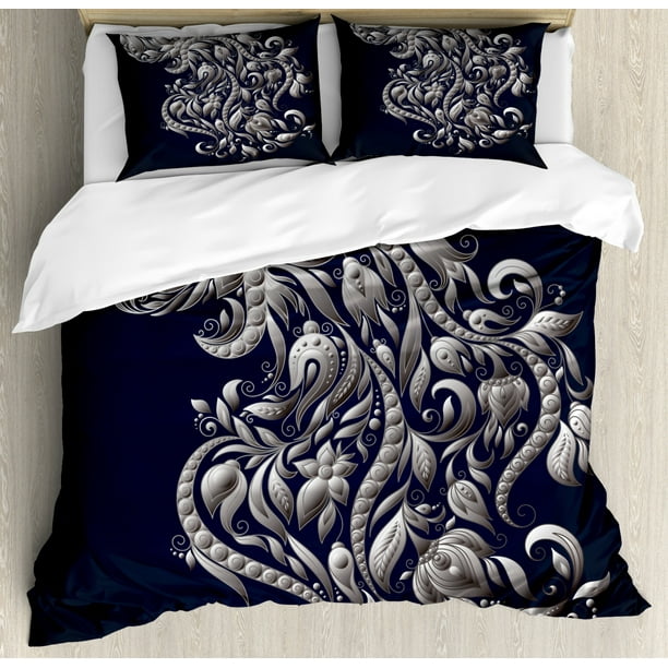 Zodiac Duvet Cover Set King Size Swirling Victorian Inspired Royal Symbol Flowers For Aquarius Icon Retro Art Image Decorative 3 Piece Bedding With 2 Pillow Shams Blue Silver By Ambesonne Zodiac Duvet Cover Set King Size, Silver Bedding King Size