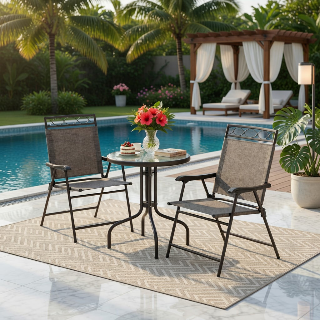 Hommoo 3-Piece Outdoor Bistro Set, Foldable Metal Patio Chairs + Round Tempered Glass Table with 1.57" Umbrella Hole, Compact for Balcony, Porch & Small Spaces, Brown & Black