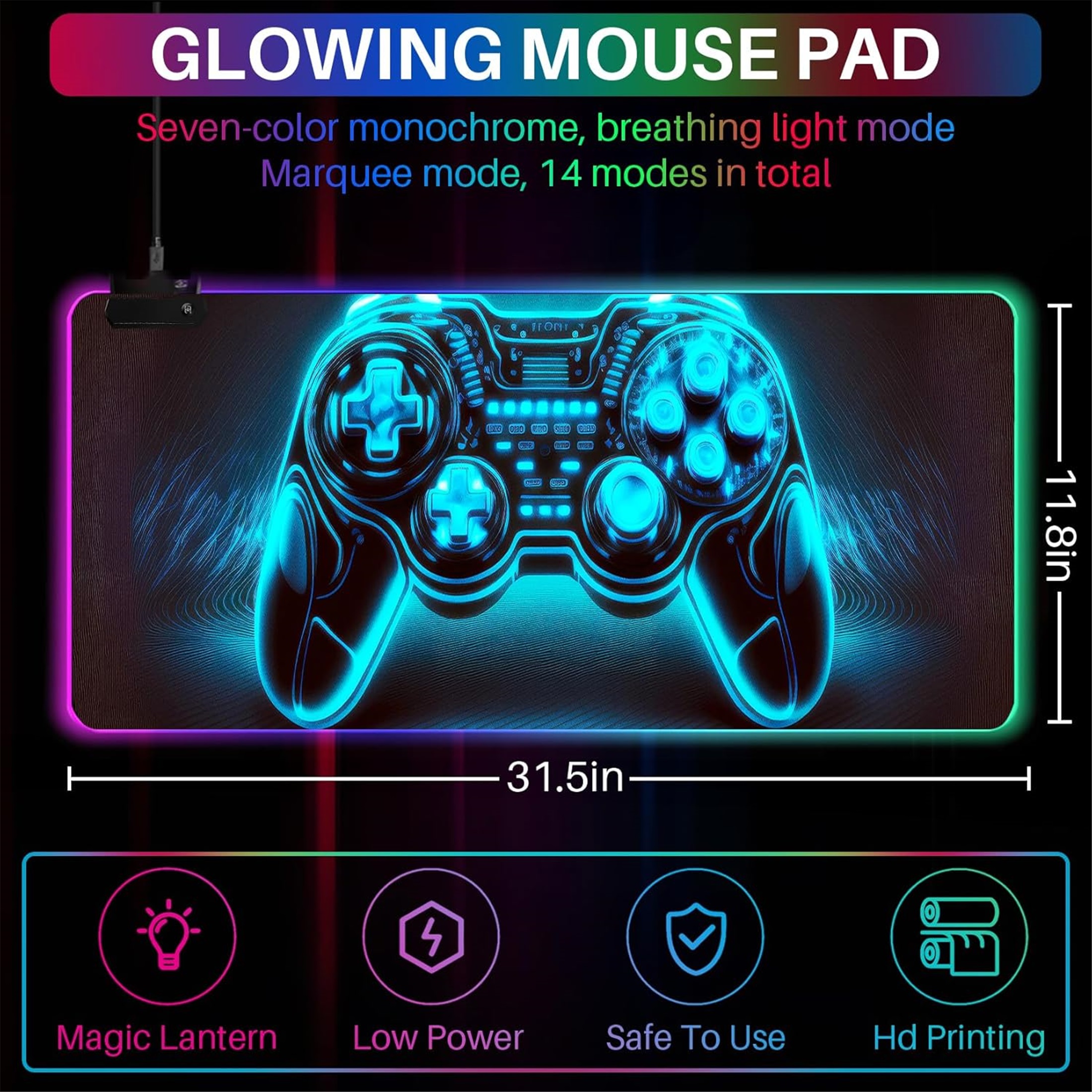 XL Led Gaming Mouse Pad with 14 Light Modes - Light Up Gamer Mouse Pad,31.5 x 11.8in Non-Slip Gamepad Style RGB Large Gamer Mousepad,Black Long Glowing Gaming Accessories for Desk,Waterproof
