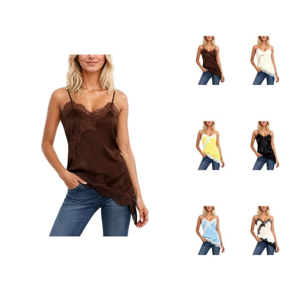 Lace Tank Tops for Women 2026 Fashion Asymmetrical Hem Lace Patchwork Spaghetti Strap Camisole Tank Top