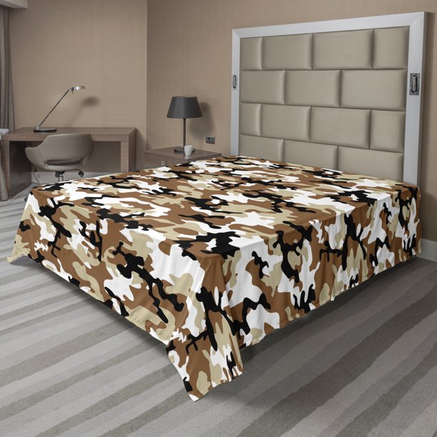 Camouflage Flat Sheet, Abstract Style in Various Shades of Brown