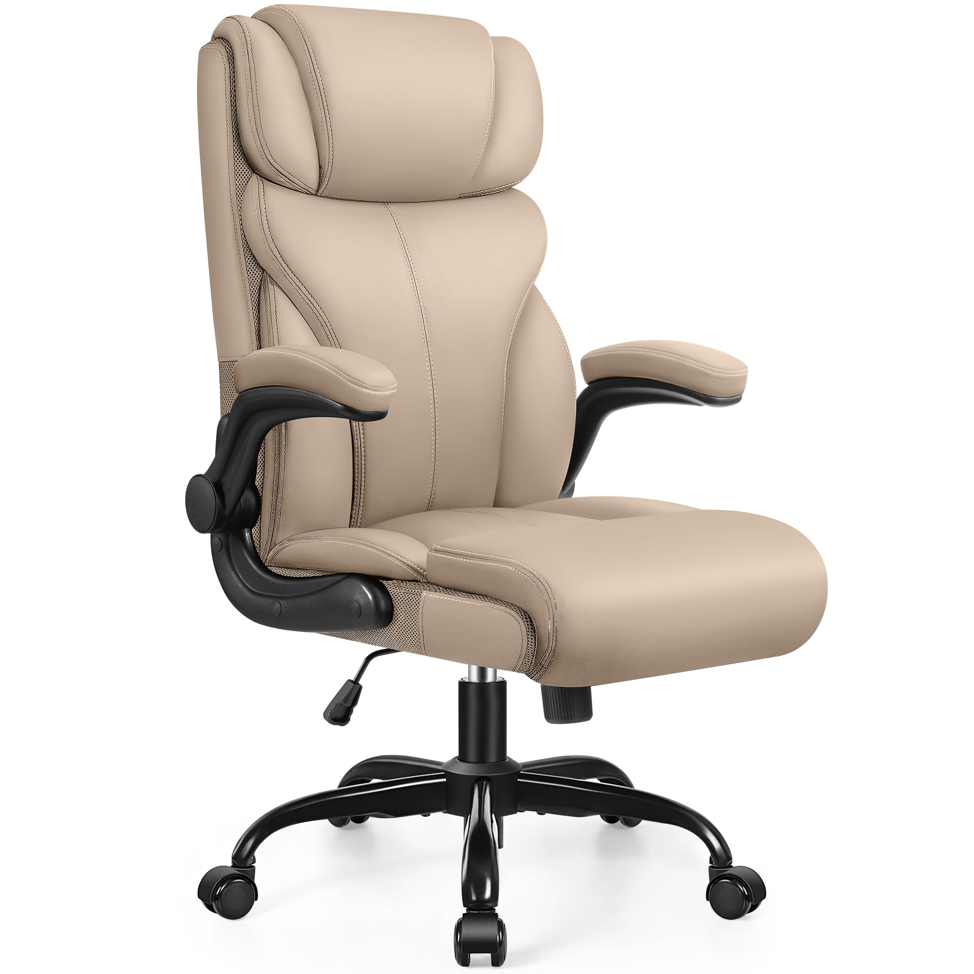 STACOO High Back Executive Office Chair 400lbs, Big and Tall Ergonomic Desk Chair with Lumbar Support & Flip-up Armrests, PU Leather Swivel Chair with Adjustable Height – Beige