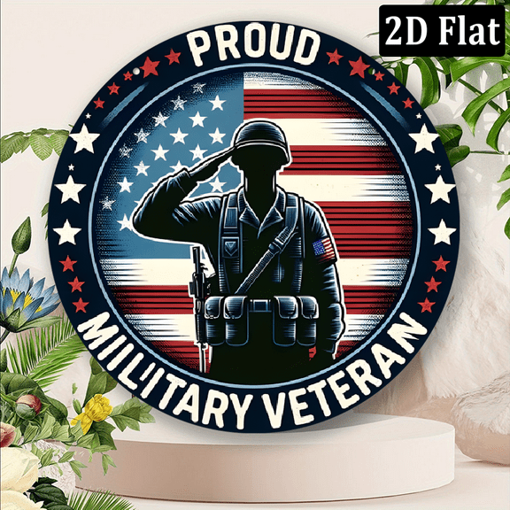 2D Flat Military Veteran American Flag Metal Tin Sign 8x8Inch are Poster Wall Decor New USA Flag Wall Door Hanging Sign Rustic Decor for Outdoor Front Porch Front Door Housewarming Gifts Decorative