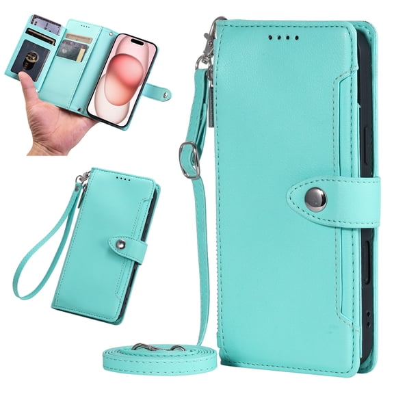 For iPhone 17 Wallet Case, PU Leather Flip Cover [RFID Blocking] Credit Card Holder Kickstand, Crossbody Lanyard & Wrist Strap, All-in-One Phone Wallet Case for Women Men,Mint