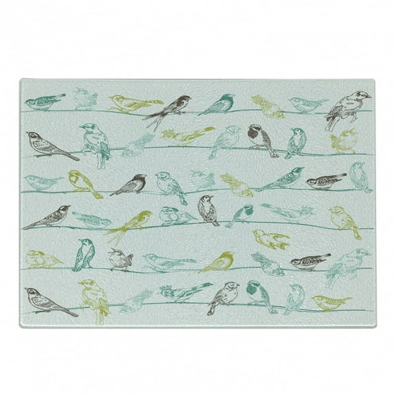 Birds Cutting Board, Various Type of Birds Sitting and Chirping on Wires Musical Creatures Print, Decorative Tempered Glass Cutting and Serving Board, Small Size, Pale Green Brown, by Ambesonne